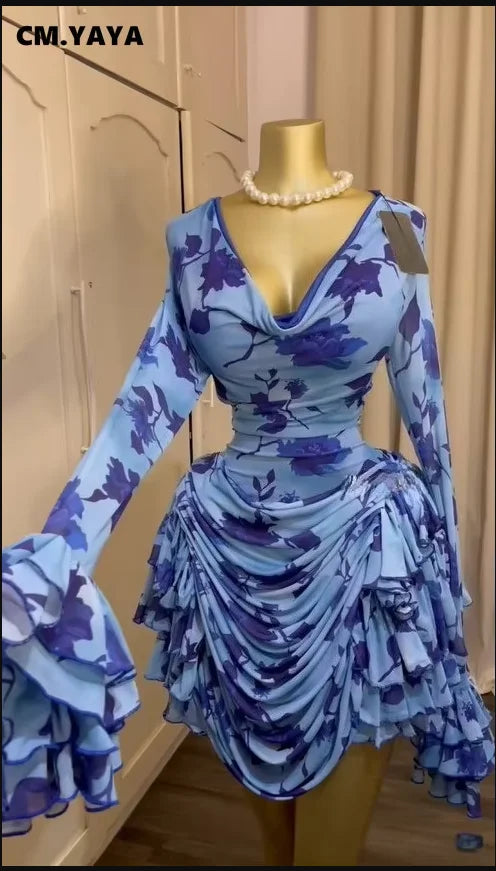 CM.YAYA Women Tie Dye Print Cascading Ruffles Bell Long Sleeve Bodycon Ruched Draped V-neck Dress Vacation Beach Holiday Dresses