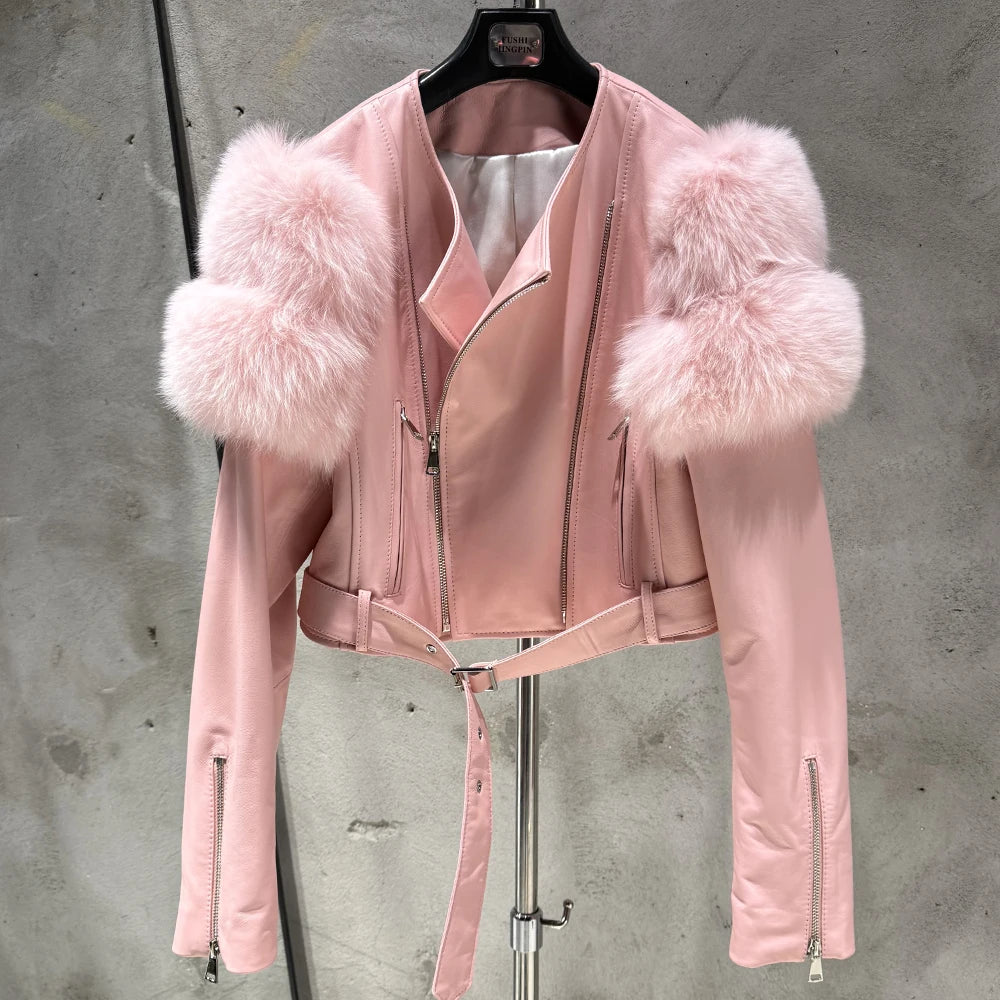 GO BALLISTIC YA Women Leather Jacket With Fur Sleeve Fashion Ladies Crop Jacket