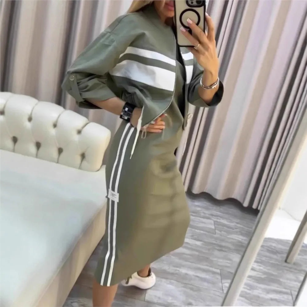 Women's Fashion Color-blocked White Striped Hip-covering Sweatshirt Dress 2piece Set Female Casual Zipper Jacket Coat Dress Suit
