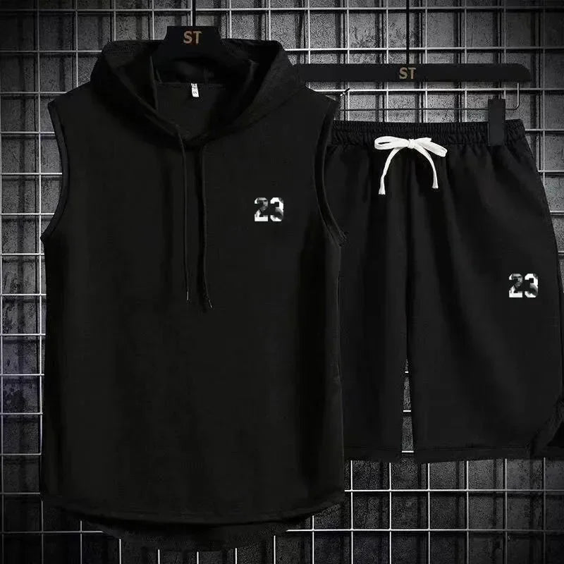 Summer New Men's Sleeveless Hooded T-shirt+shorts pants Sports two-piece set gym  Fashion  Casual Men Women Sports Two Piece Set