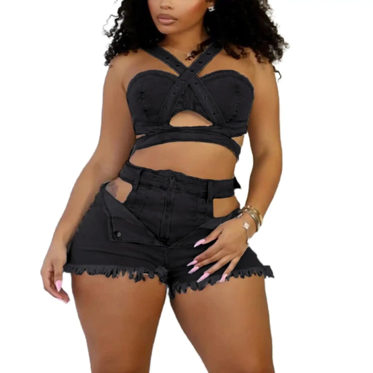 CM.YAYA Fashion Denim Cutout Women's Set Wrap Strap Crop Top and Shorts Jeans 2025 Summer Two 2 Piece Sets Outfits Tracksuit