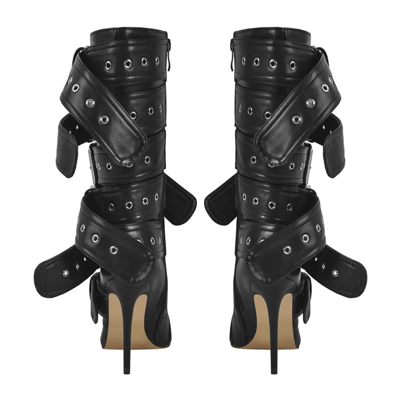 Onlymaker Women Pointed Toe Mid-Calf Boots Buckle Strap Thin High Heel Lady Zipper Female  Stiletto Boots