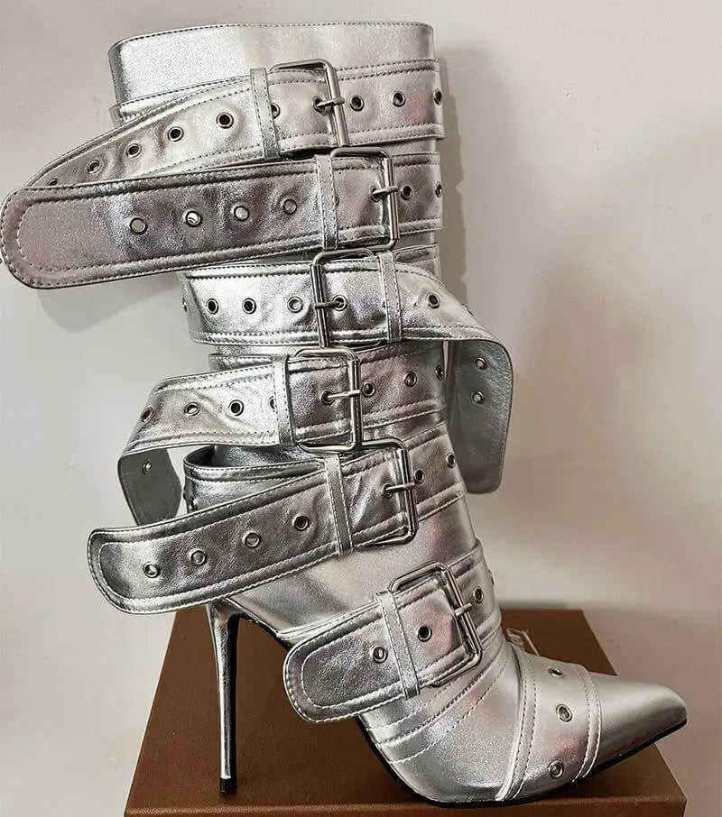 Onlymaker Women Pointed Toe Mid-Calf Boots Buckle Strap Thin High Heel Lady Zipper Female  Stiletto Boots