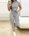 Tight Solid Color Two Piece Set Women Cropped T Shirt Slim Long Pants Pocket Ladies Sets 2025 Spring Summer Sportswear
