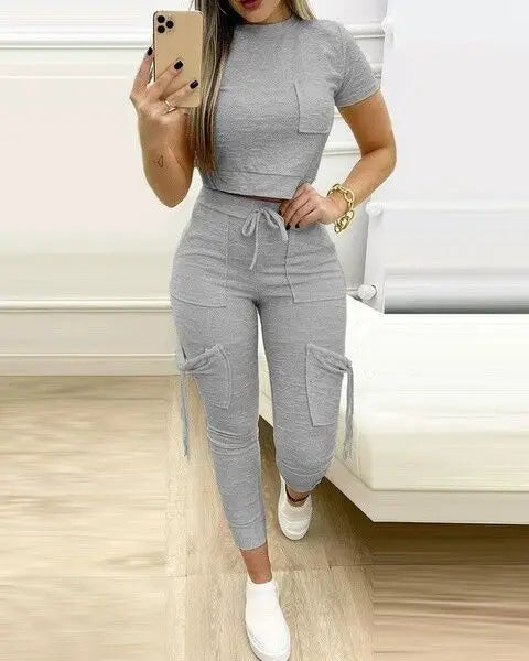 Tight Solid Color Two Piece Set Women Cropped T Shirt Slim Long Pants Pocket Ladies Sets 2025 Spring Summer Sportswear