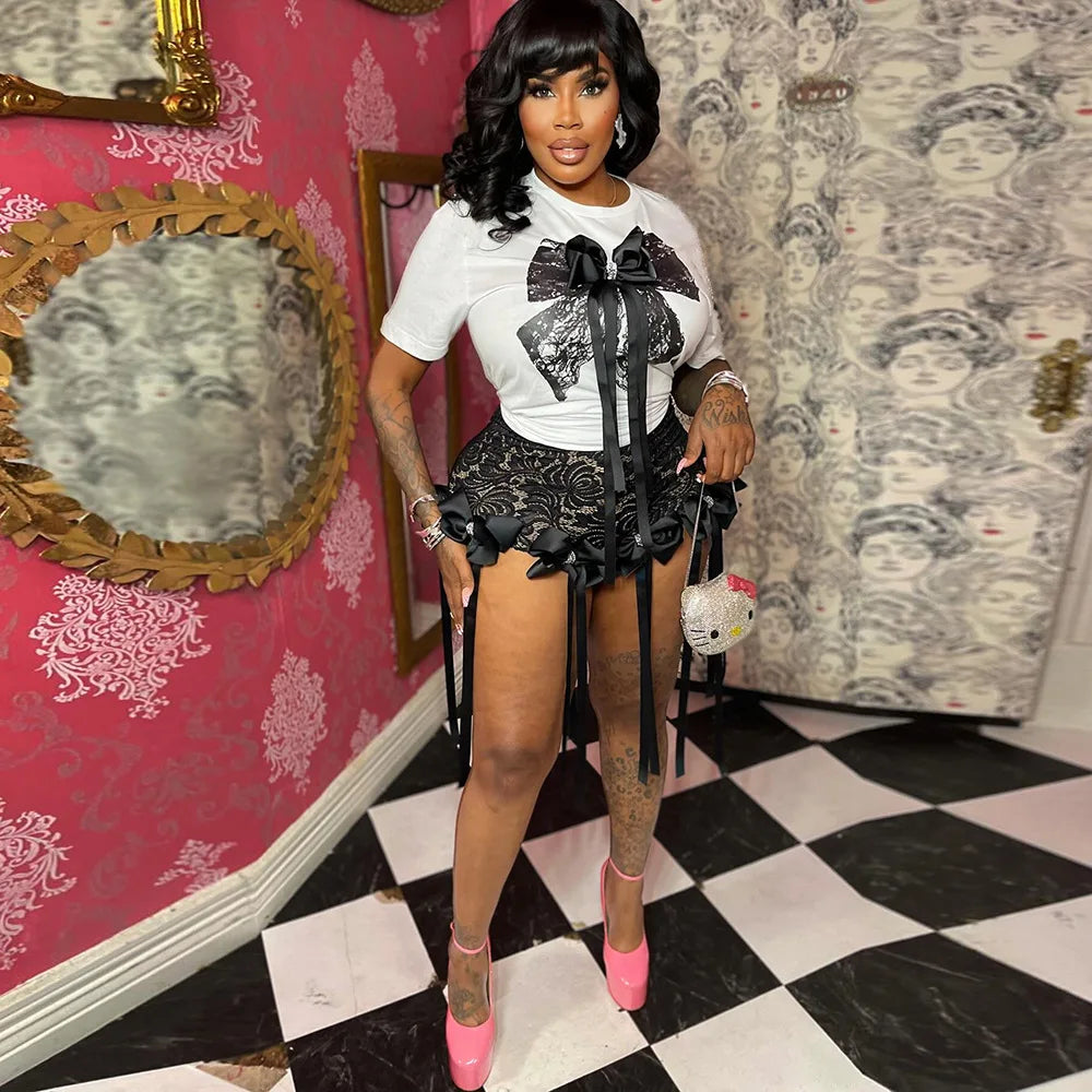 CM.YAYA Women's Set Bow O-Neck short sleeve Tops and lace Shorts Suits Streetwear Casual Two 2 Piece Outfits Tracksuits Summer