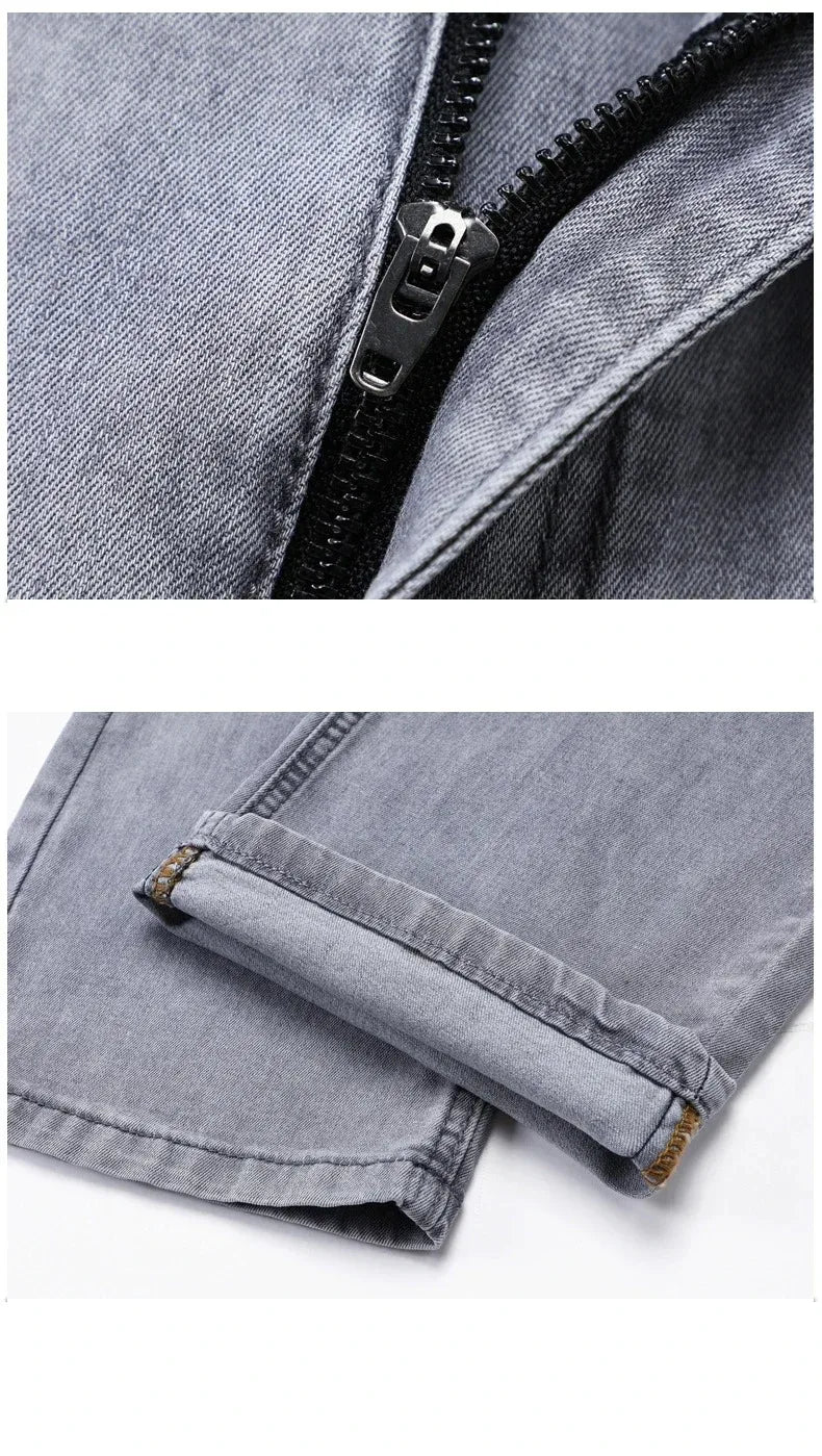 Sommer elastische Herrenjeans Mode Grau Bequeme Business Straight Stretch Baumwolle Casual Denim Hose Marke Männliche Dünne Hosen