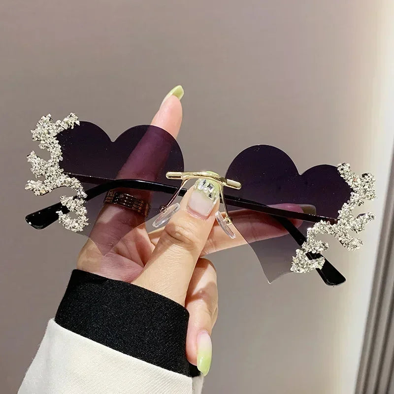 Randlose Sonnenbrille Damen Luxusmarke Strass Sonnenbrille Damen Niedliche Herzform Punk Party Brille очки від сонця женские