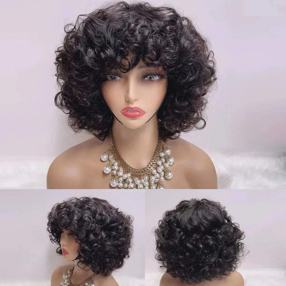 330% Dichte Brasilianische Egg Curl Pixie Cut Perücke Echthaar mit Pony Wasserwelle Kurze Bob Perücke für Frauen Vorgezupft Lokale Lieferung