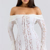 Mozision Blumen-Spitzen-Off-Shoulder Maxikleid für Damen, weiß, trägerlos, rückenfrei, langärmlig, Bodycon, Club, Party, sexy langes Kleid