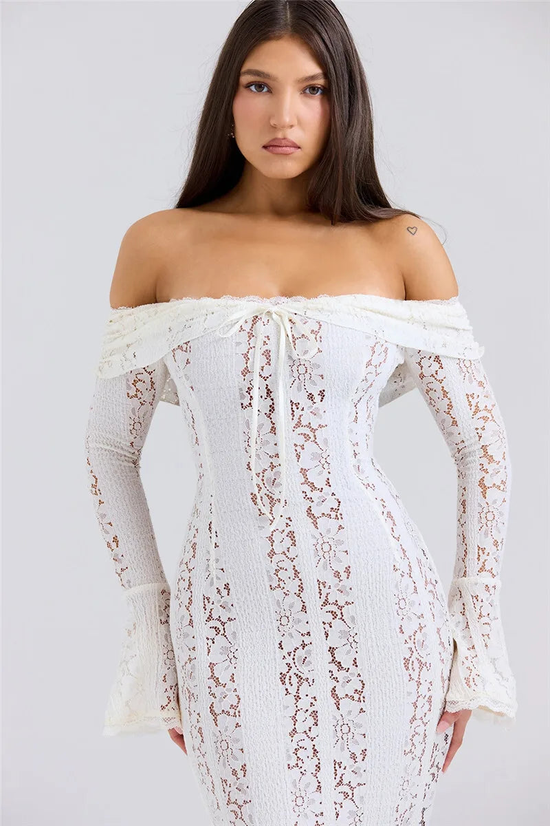 Mozision Blumen-Spitzen-Off-Shoulder Maxikleid für Damen, weiß, trägerlos, rückenfrei, langärmlig, Bodycon, Club, Party, sexy langes Kleid