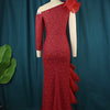 AOMEI Women Party Dress Off Shoulder One Sleeve Tiered Ruffle Slit Long Burgundy Lace Christmas Birthday Elegant Prom Event Gown