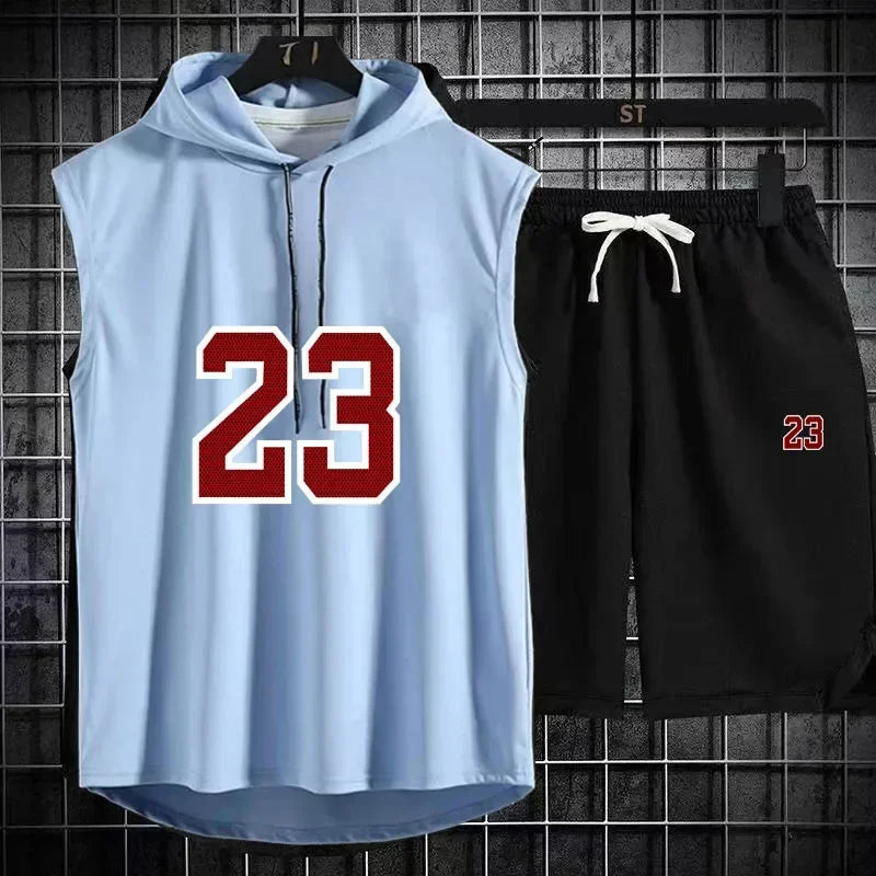 Summer New Men's Sleeveless Hooded T-shirt+shorts pants Sports two-piece set gym  Fashion  Casual Men Women Sports Two Piece Set