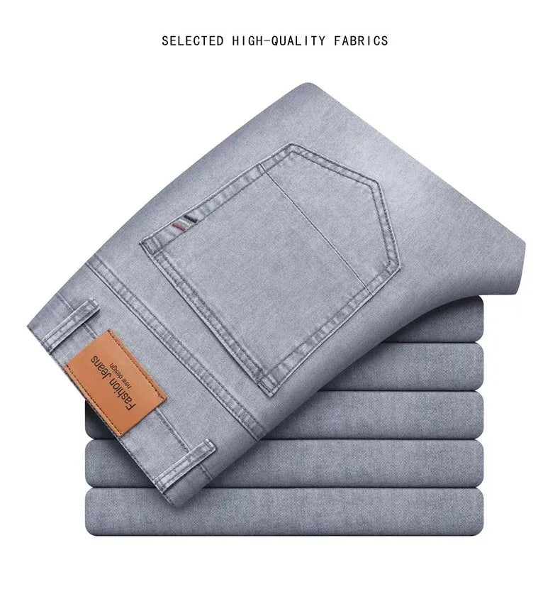 Sommer elastische Herrenjeans Mode Grau Bequeme Business Straight Stretch Baumwolle Casual Denim Hose Marke Männliche Dünne Hosen