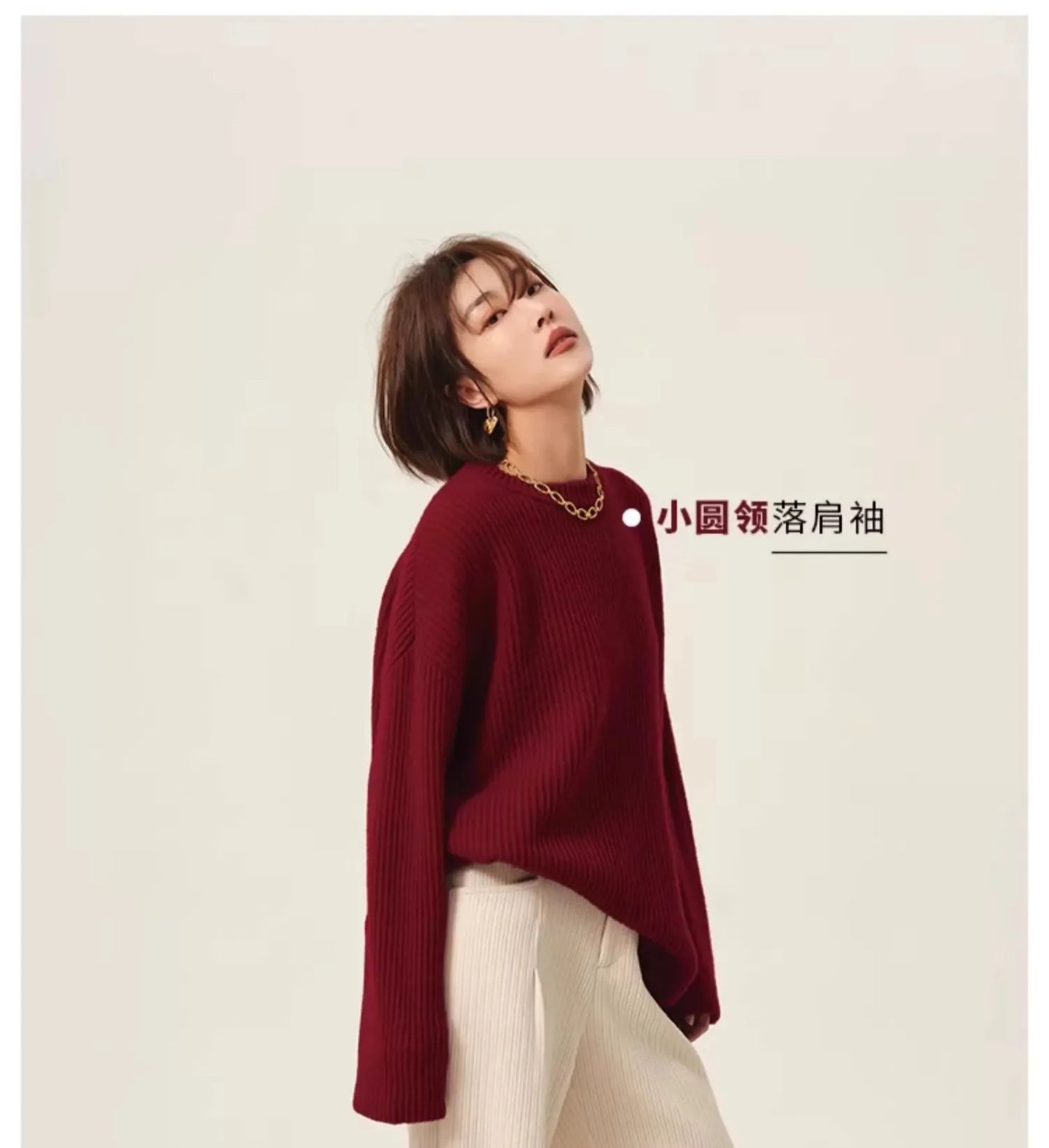 Rollkragenpullover 100% Kaschmir Pullover Damen lose verdickend Anti-Aging Nische Vintage Roter Rundhals-Pullover Damen Langarm