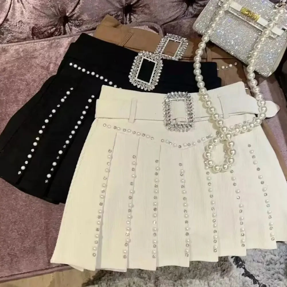 New pleated skirt for women pearls diamonds fashion shorts