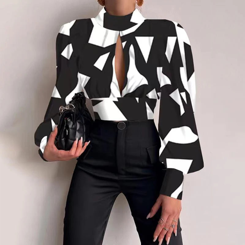 Spring Women Sexy Backless Hollow Print Shirts Tops 2024 Casual Stand Long Sleeve Office Lady Blouses Fashion Party Crop Top