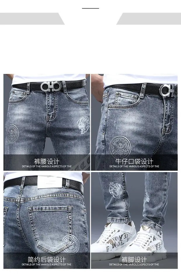 Fashion Printed Jeans Men's Korean Brand Embroidery Badge Pattern Youth Ripped Small Feet Teenagers Cowboy Pencil Pants