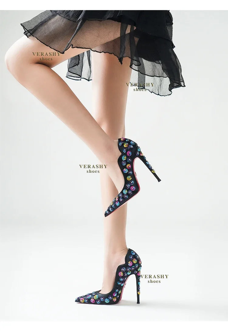 2025 Spring New High Heels Women's Embroidered Beaded Black Sexy Queen's Heel 10-12cm Pointed