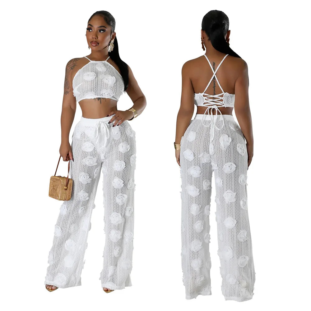 Women Two Piece Pant Sets Sexy Hollow Out Vest Sleeveless Tanks Tops Splice Long Pants Drawstring Streetwear Summer 2025