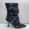 2025 Klassische Damenstiefel mit spitzer Zehe, ausgefallenen Absätzen, Nietenknopf und seitlichem Reißverschluss, einfarbig, hochhackige Schuhe, Botas Altas
