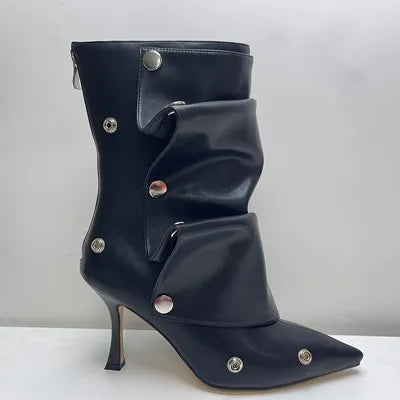 2025 Klassische Damenstiefel mit spitzer Zehe, ausgefallenen Absätzen, Nietenknopf und seitlichem Reißverschluss, einfarbig, hochhackige Schuhe, Botas Altas