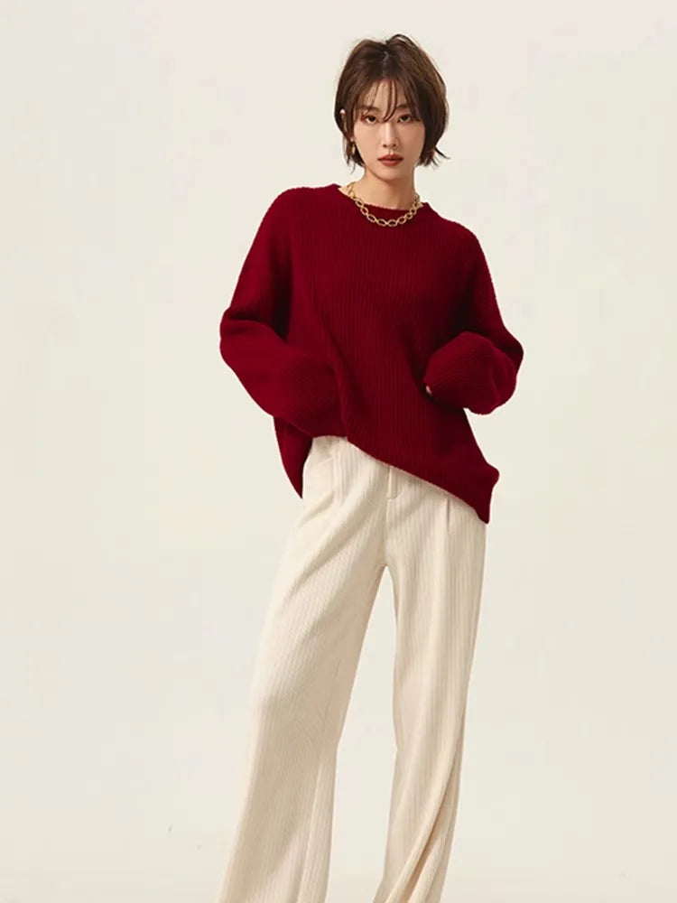 Rollkragenpullover 100% Kaschmir Pullover Damen lose verdickend Anti-Aging Nische Vintage Roter Rundhals-Pullover Damen Langarm