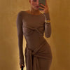 Tossy Damen Plissee Sexy Maxikleid Patchwork Twist Slim Langarm Einfarbig Y2k Herbst Streetwear Kleid Damen Bodycon Kleid