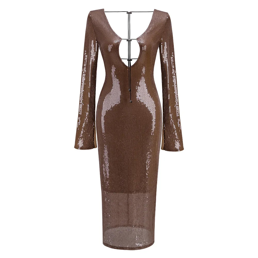 Abendkleid Damen Elegant Pailletten Tiefer V-Ausschnitt Langarm Midikleid Sexy Luxuriös Rückenausschnitt Schnürung Knöchellang Bandage Partykleid