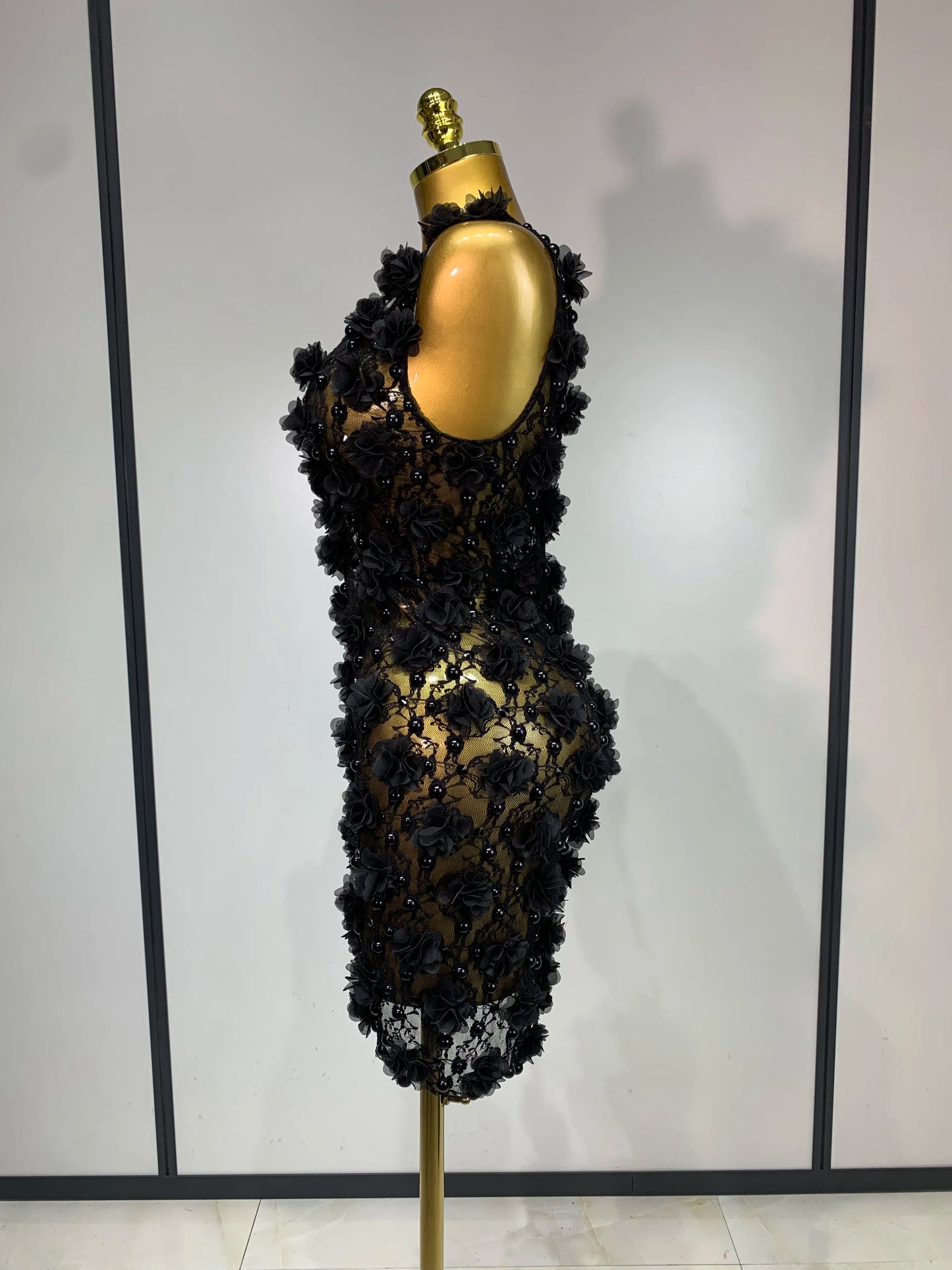Women Luxury Pink Flowers Pearls Lace See Through Bodycon Mini Dress Birthday Photoshoot Evening Party Nightclub Stage Costume