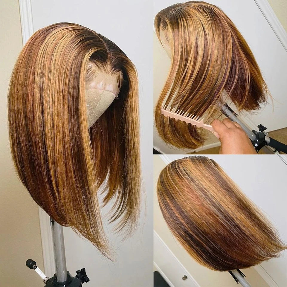 Highlight Perücken Echthaar Straight Bob Perücke 4/27 Ombre 13x4 Lace Front Echthaar Perücke 100% Remy Haar vorgezupft Transparente Spitze