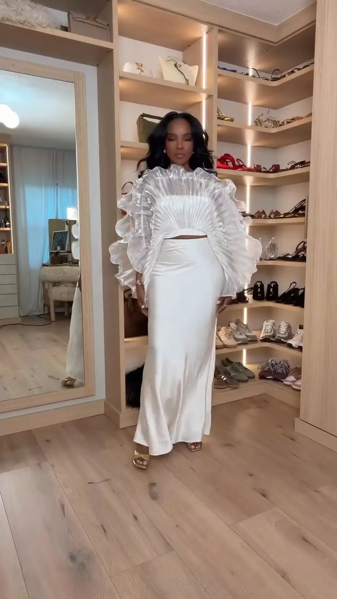 White Pleated Ruffle Crop Top Women Oversized Fan Sleeve Stand Collar Elegant Formal Evening Party Blouse