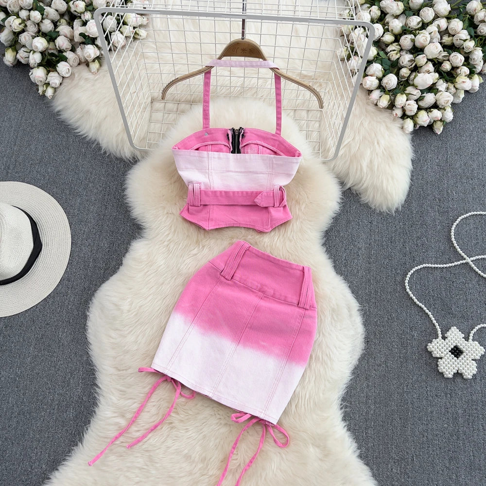 Pink Gradient Jeans Skirts Set Girl Fashion Denim Sleeveless Camisole Vest Top Two-piece Set Mini Bodycon Strap Skirt Summer