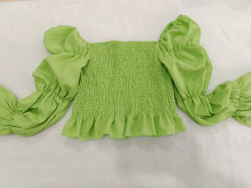 Chic Women Sweet Set Puff Sleeve Crop Tops and Shorts Outfits Solid Stretch Pleated Sexy Summer Girl 2 Two Piece Suit