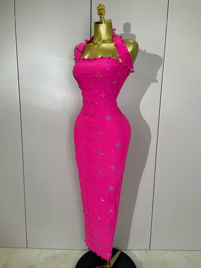 2025 Luxury Shining Diamonds Pearls Sleeveless Bodycon Bandage Long Dress Women Celebrate Evening Party Elegant Birthday Gowns
