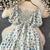 2024 Neues Sommer Blumenmuster Maxikleid Damen Vintage Eckiger Ausschnitt Geraffte Brust Schärpe Bandage Sommerkleid Partykleid