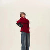 Rollkragenpullover 100% Kaschmir Pullover Damen lose verdickend Anti-Aging Nische Vintage Roter Rundhals-Pullover Damen Langarm
