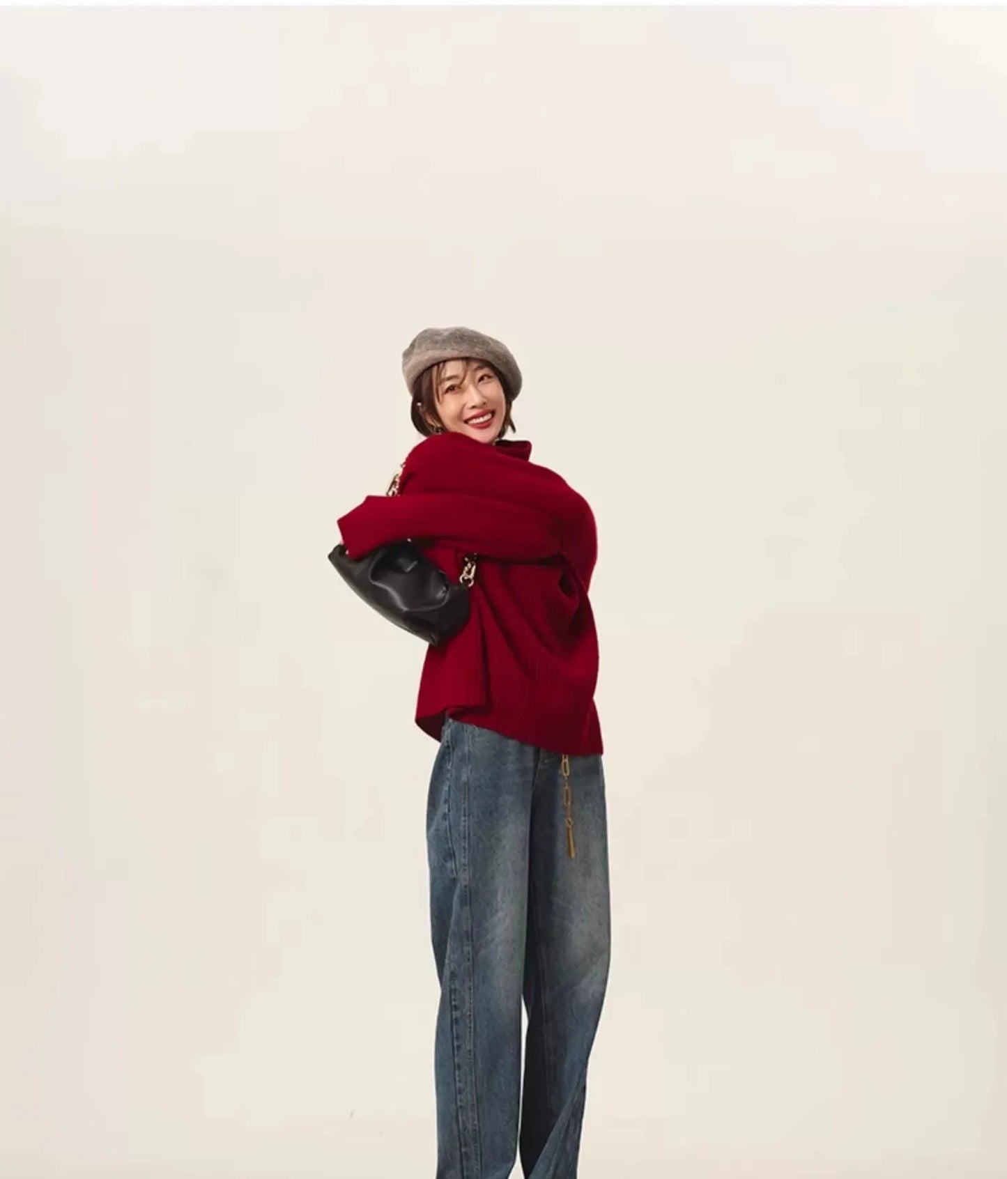 Rollkragenpullover 100% Kaschmir Pullover Damen lose verdickend Anti-Aging Nische Vintage Roter Rundhals-Pullover Damen Langarm