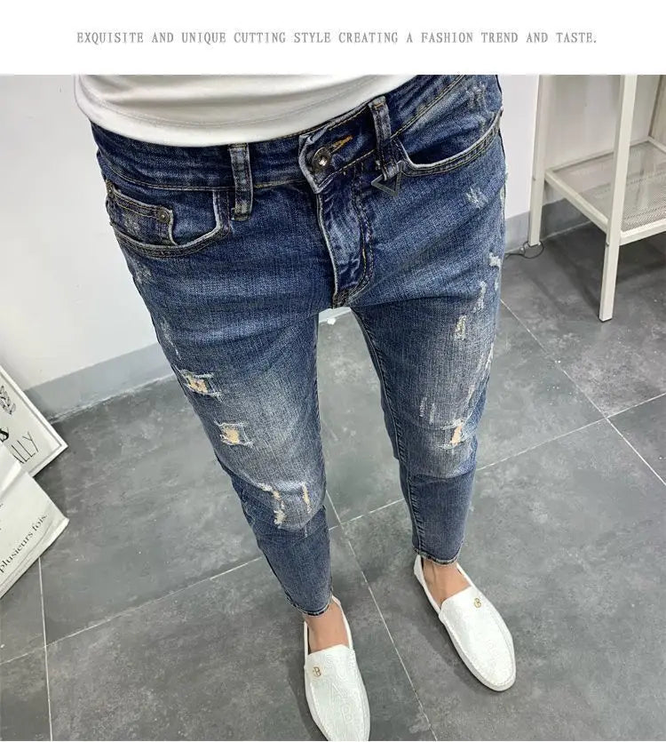 Men's Korean Style Classic Jeans 2023 New Blue Ripped Jeans for Men Fashion Trendy Summer Skinny Ripped Hole Cargo Trousers