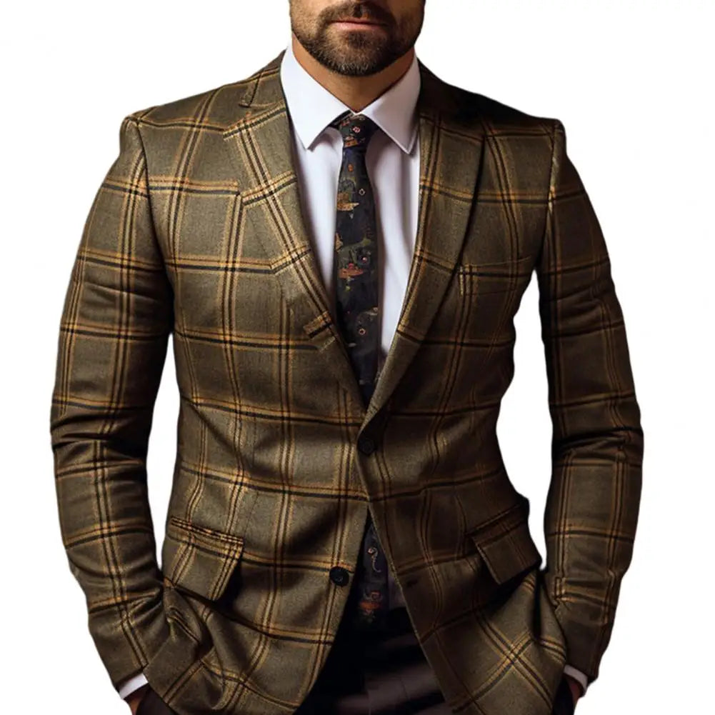 Men Suit Coat Formal Business Style Slim Fit Plaid Print Long Sleeve Single Button Closure Mid Length Straight Cardigan Work Coa