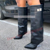 Transparent Wedge Knee-high Boots Women Pointy Toe Winter Fashion Metal Decor Foldover Shoes Ladies Streetwear Clear Heel Boots