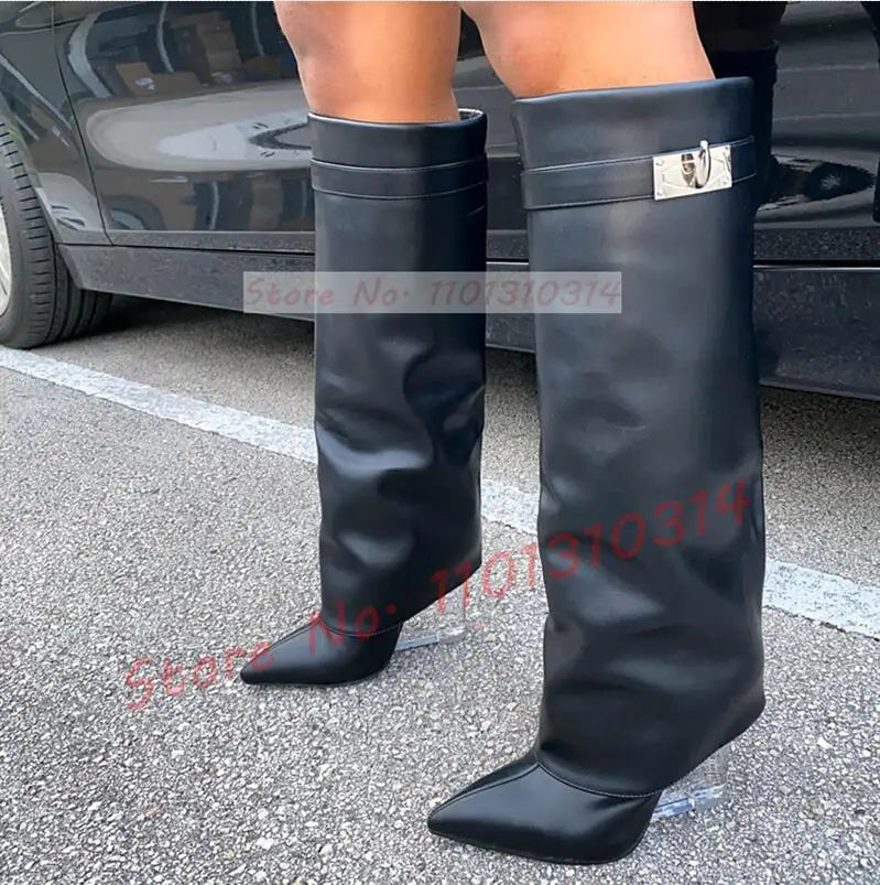 Transparent Wedge Knee-high Boots Women Pointy Toe Winter Fashion Metal Decor Foldover Shoes Ladies Streetwear Clear Heel Boots