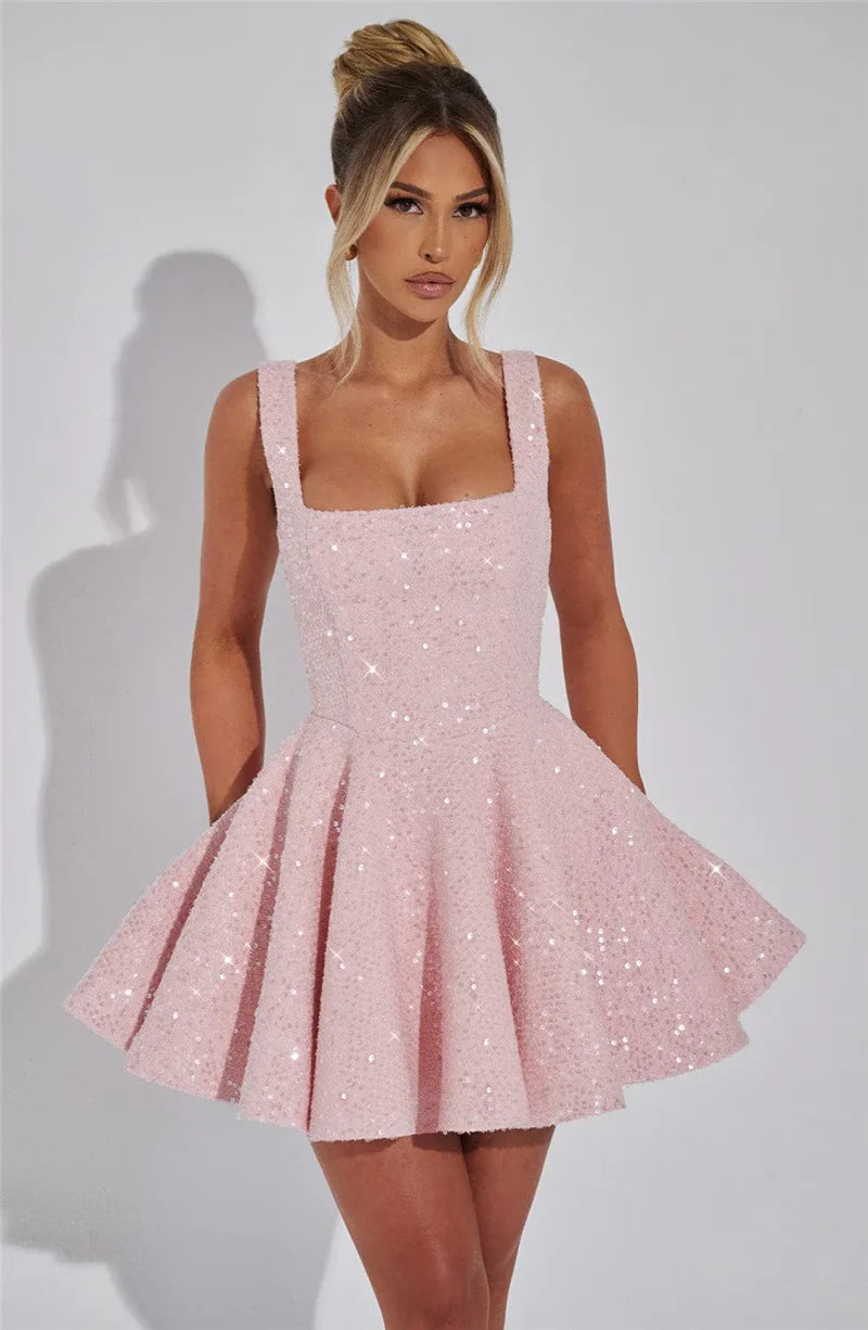 Mozision Pailletten-Kleid mit Schleife am Rücken, rückenfrei, sexy Mini-Kleid für Damen, modisches Etuikleid mit eckigem Ausschnitt, ärmellos, hohe Taille, A-Linie, Clubkleid