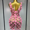 Women Luxury Pink Flowers Pearls Lace See Through Bodycon Mini Dress Birthday Photoshoot Evening Party Nightclub Stage Costume