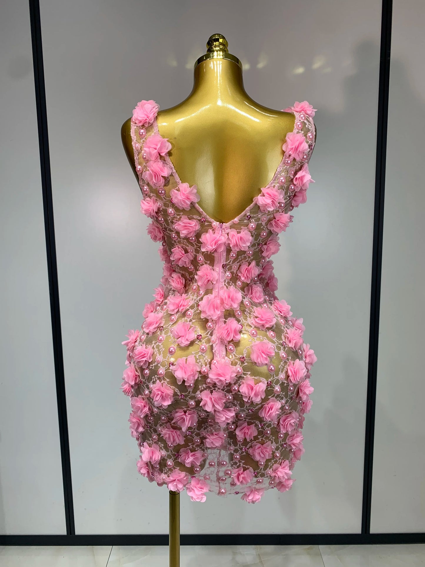 Women Luxury Pink Flowers Pearls Lace See Through Bodycon Mini Dress Birthday Photoshoot Evening Party Nightclub Stage Costume