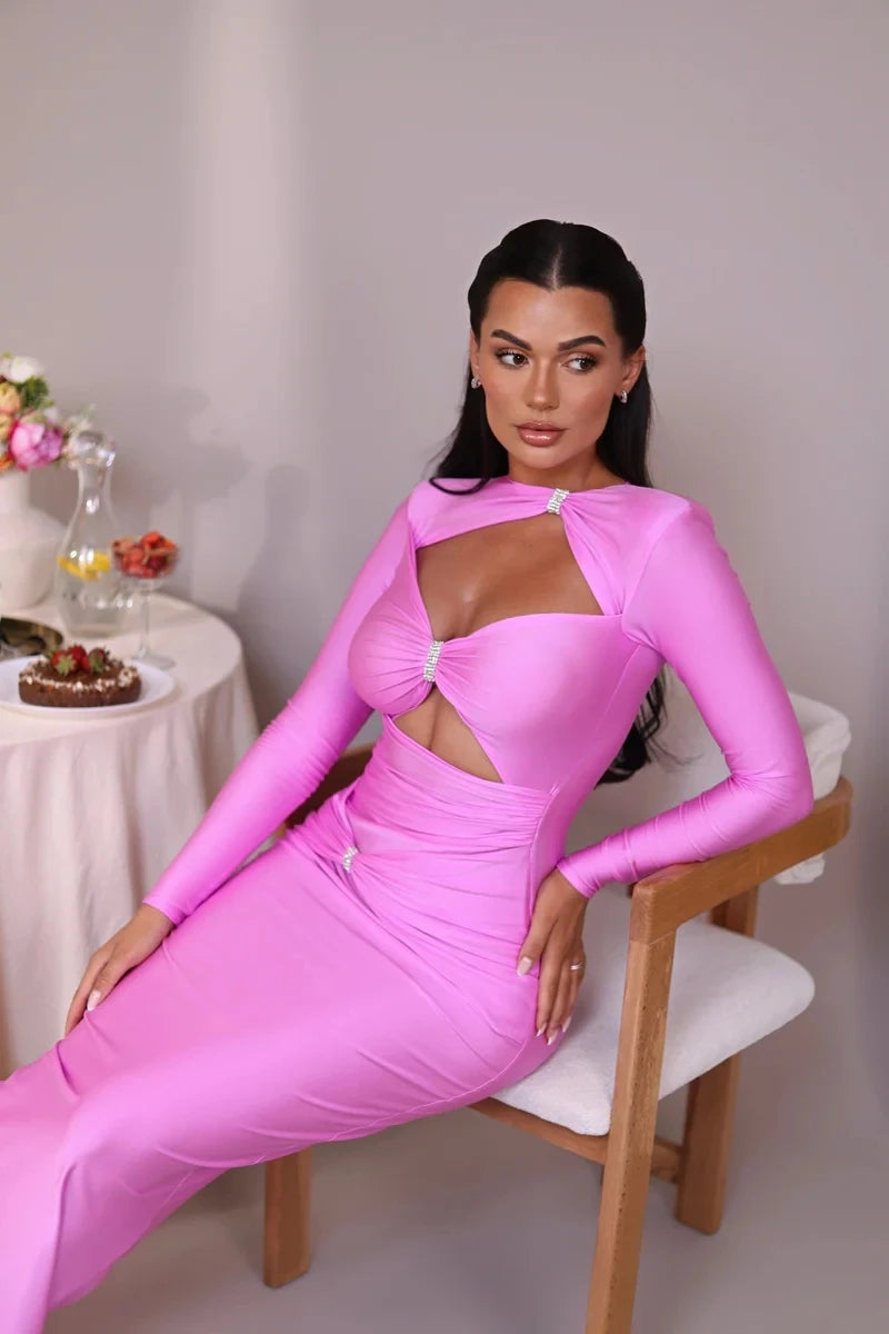Articat Sexy Hohl Saum Langarm Elastisches Enges Kleid Damen Falten Doppellagig Weibliche Vestidos Elegantes Party Abendkleid