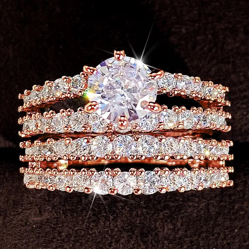 Huitan Sparkling 2Pcs Set Cubic Zirconia Rings for Women Wedding Engagement Fashion Jewelry Luxury Trendy Female Rings Wholesale