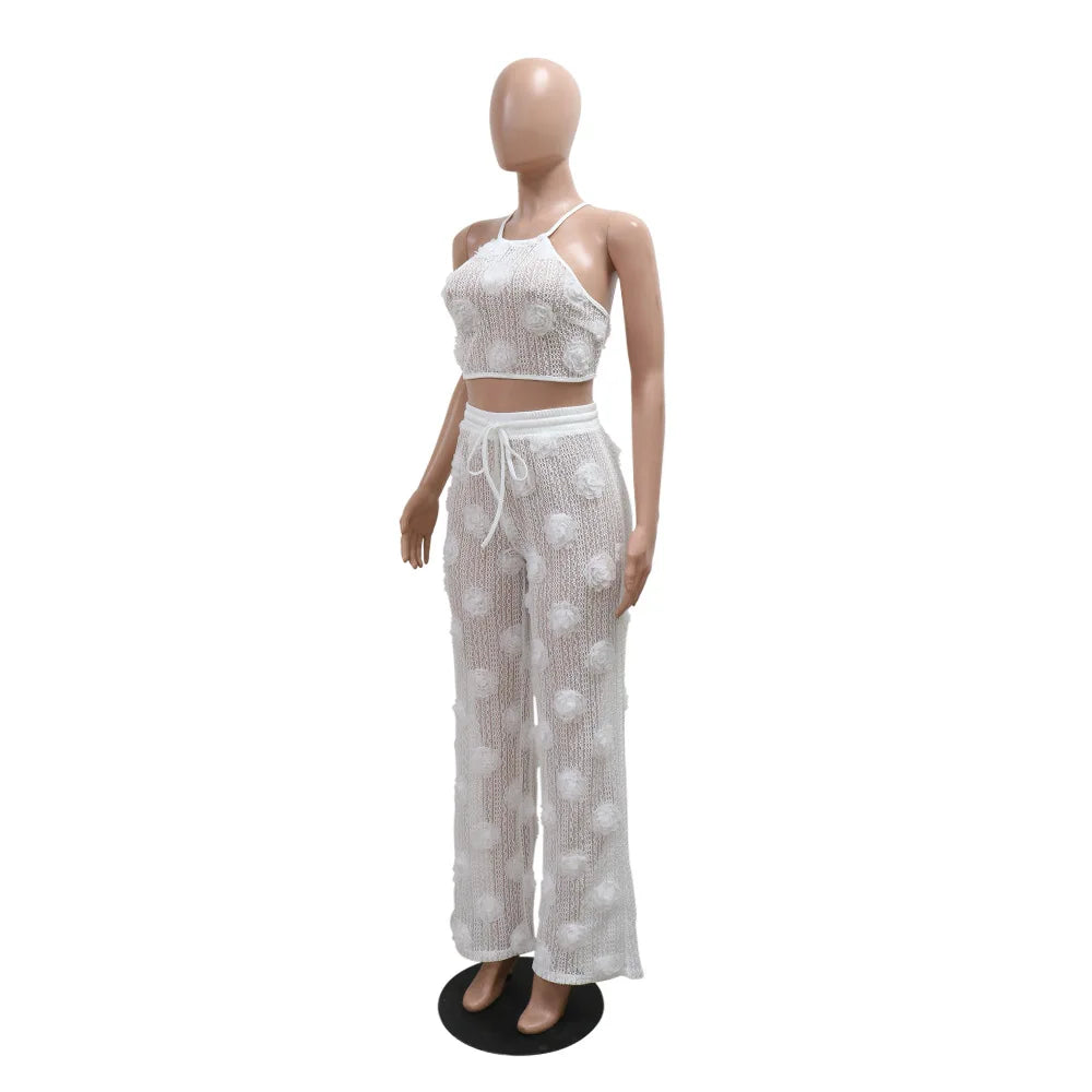 Women Two Piece Pant Sets Sexy Hollow Out Vest Sleeveless Tanks Tops Splice Long Pants Drawstring Streetwear Summer 2025