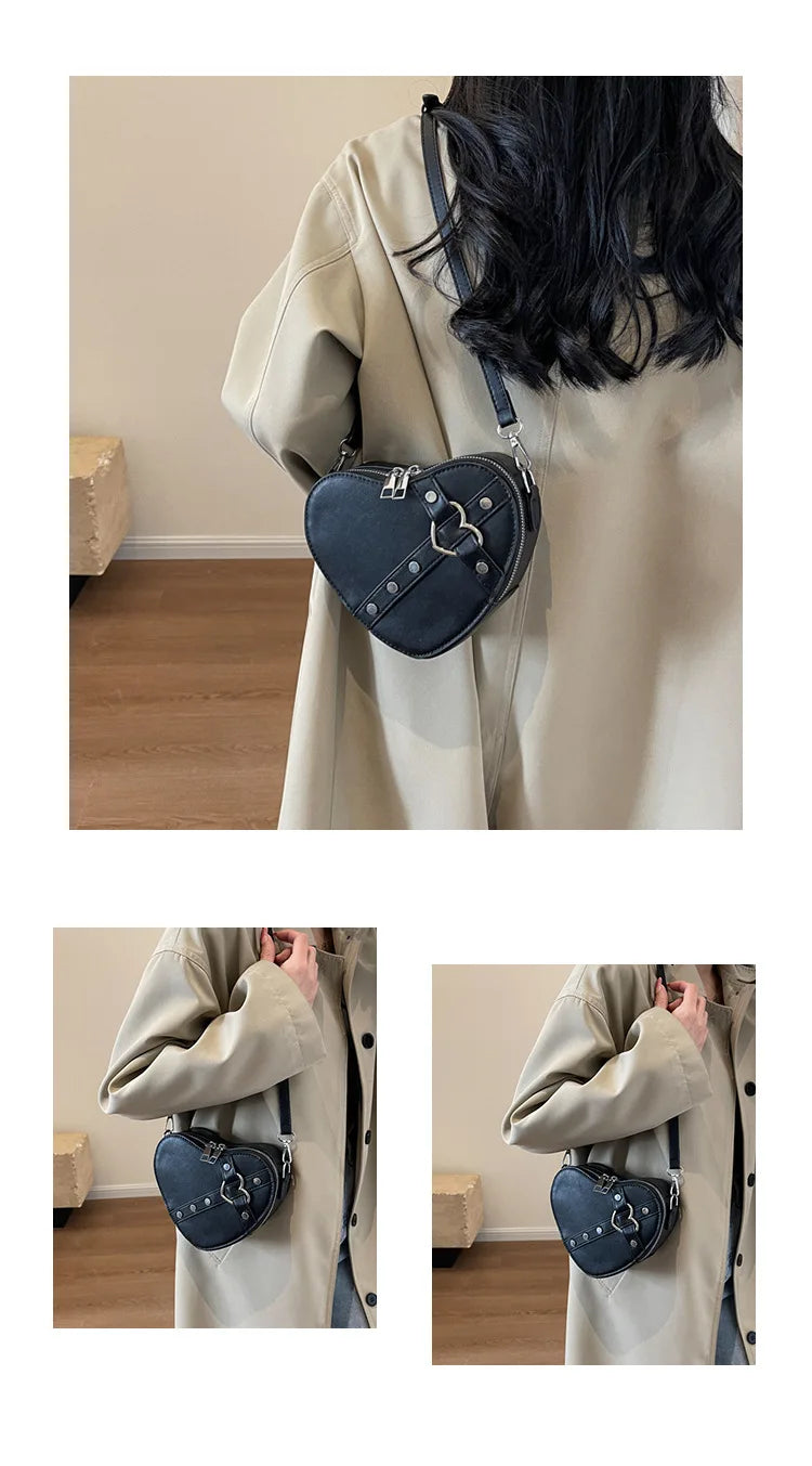 Vintage Y2K Kleine Kettennieten-Umhängetasche Herzförmige Geldbörse Handtasche Rotes PU-Leder Gothic Tote Bag Mode Frauen Umhängetasche
