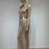 Festival-Outfit Damen High-End-Mode Nude-farbenes Strass-Mesh-Langarm-Crop-Top mit Rundhalsausschnitt und lange Röcke Gala zweiteiliges Set